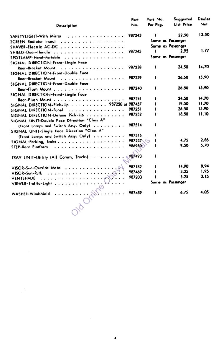 1956 Chevrolet Accessories Price List Page 2